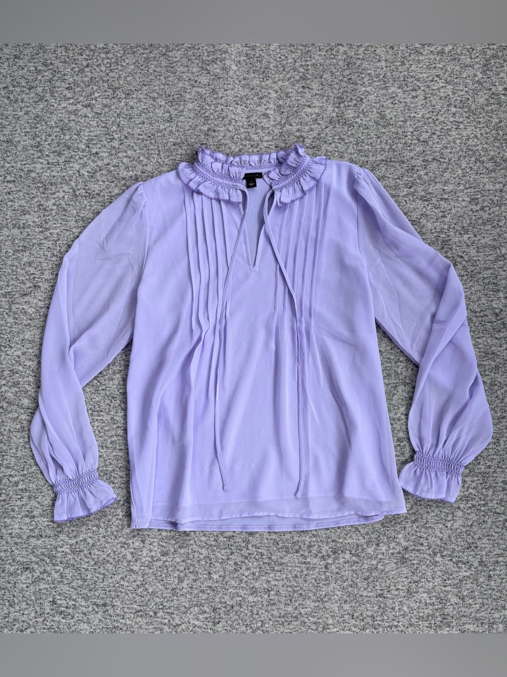 Ann Taylor Purple Sheer Keyhole Neck Ruffle Pleated Long Sleeve Blouse